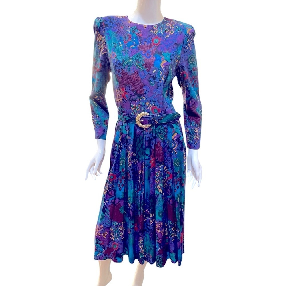 Vintage 1980s Floral Geometric Multicolor Belted Midi Dress Medium